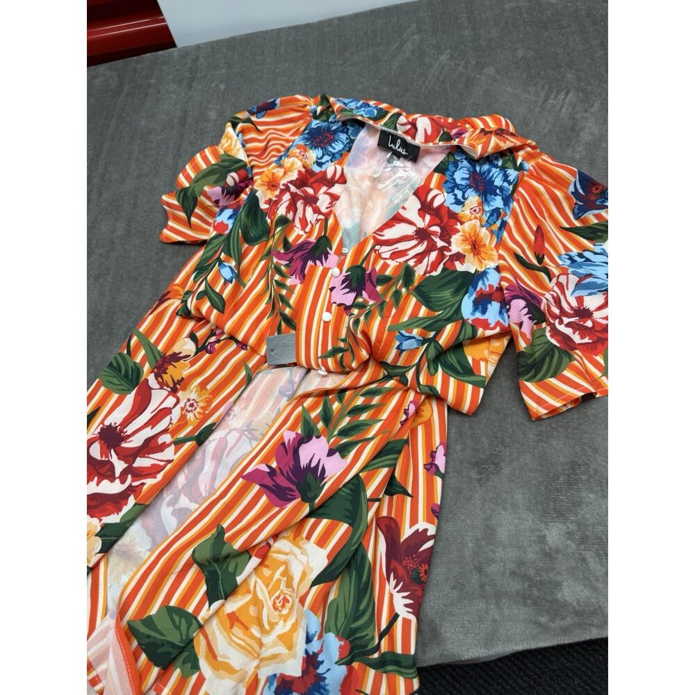 NWT Lulus Roam The Riviera Orange Floral Striped Button Up Maxi Dress M - Picture 5 of 7